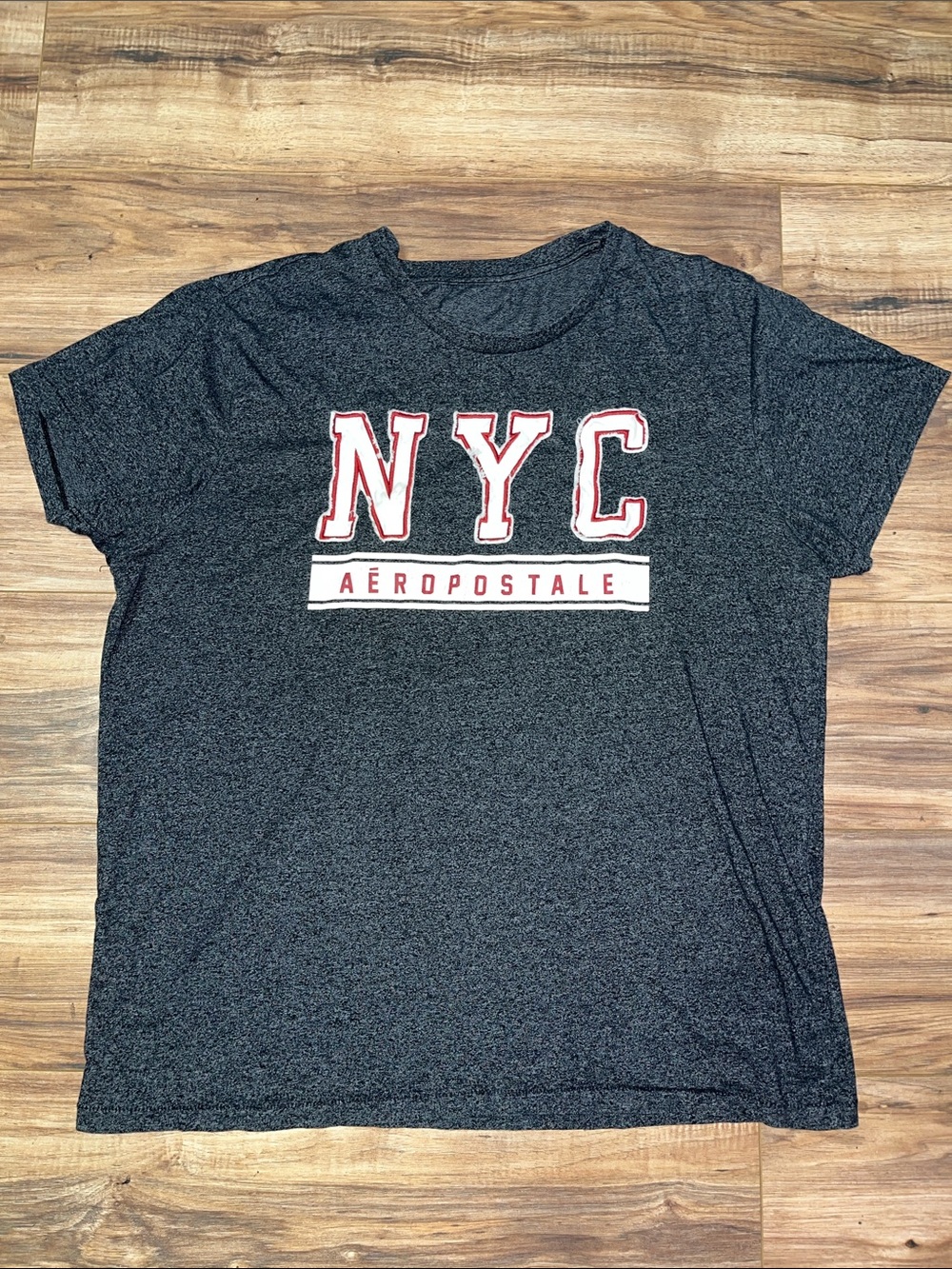 Aeropostale Men's Dark Gray NYC Graphic Tee with White and Red Logo